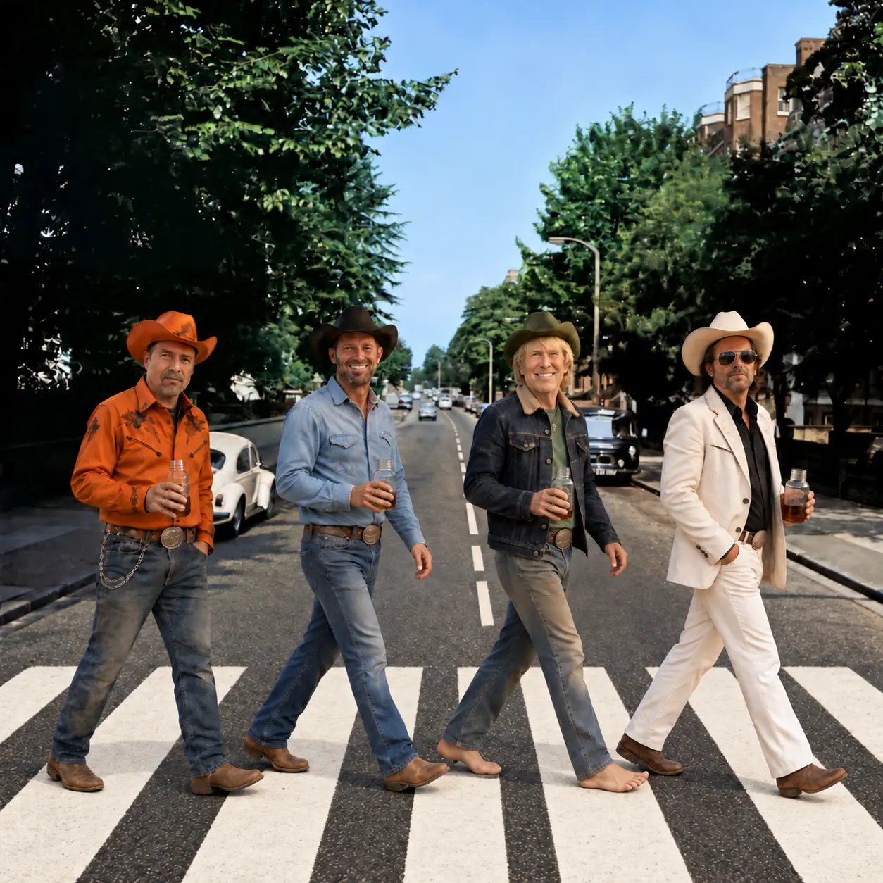 Four country musicians crossing the famous Abbey Road-style zebra crossing, with the man in the blue jean jacket barefoot