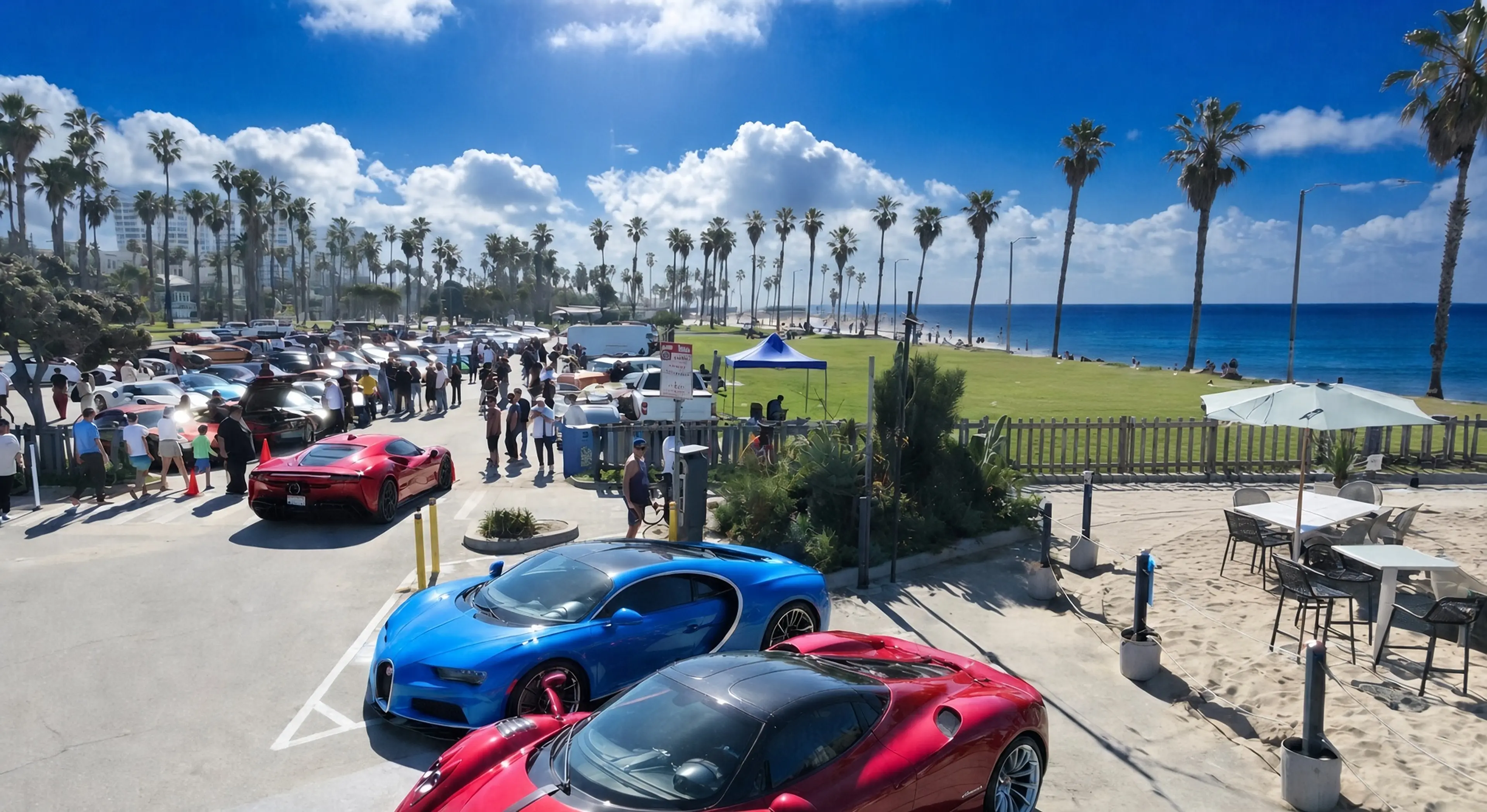 Zuma Cars and Coffee gathering at Perry’s Beach Cafe in Santa Monica, with exotic cars beside the Pacific Ocean