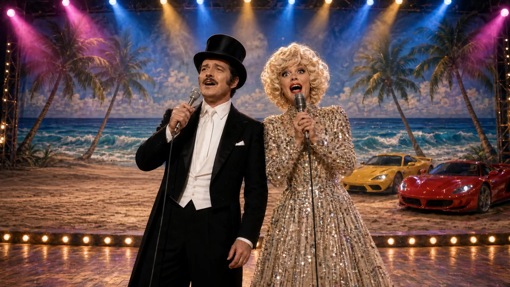 Zuma Romance singers performing on a beach stage with exotic cars
